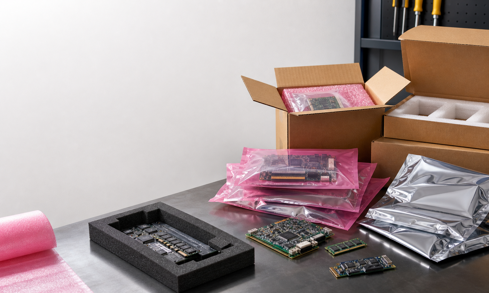 Decision diagram comparing standard poly, pink anti-static bags, and static-shielding bags for electronics packaging.