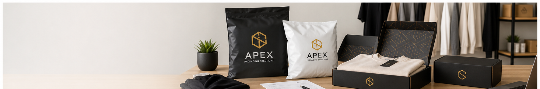Premium Apex Packaging apparel ecommerce setup with branded poly mailers, mailer boxes, folded garments, and shipping documents.