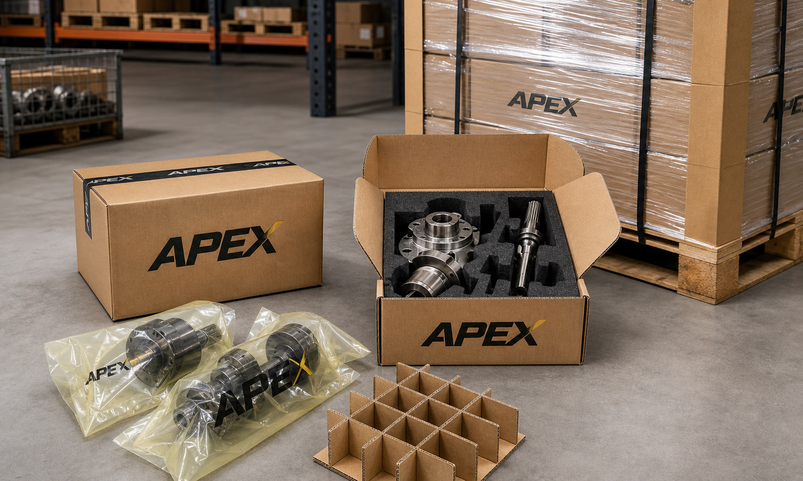 Apex Packaging branded automotive parts packaging with corrugated cartons, foam insert cavities, VCI bagged shafts, dividers, and a palletized load.