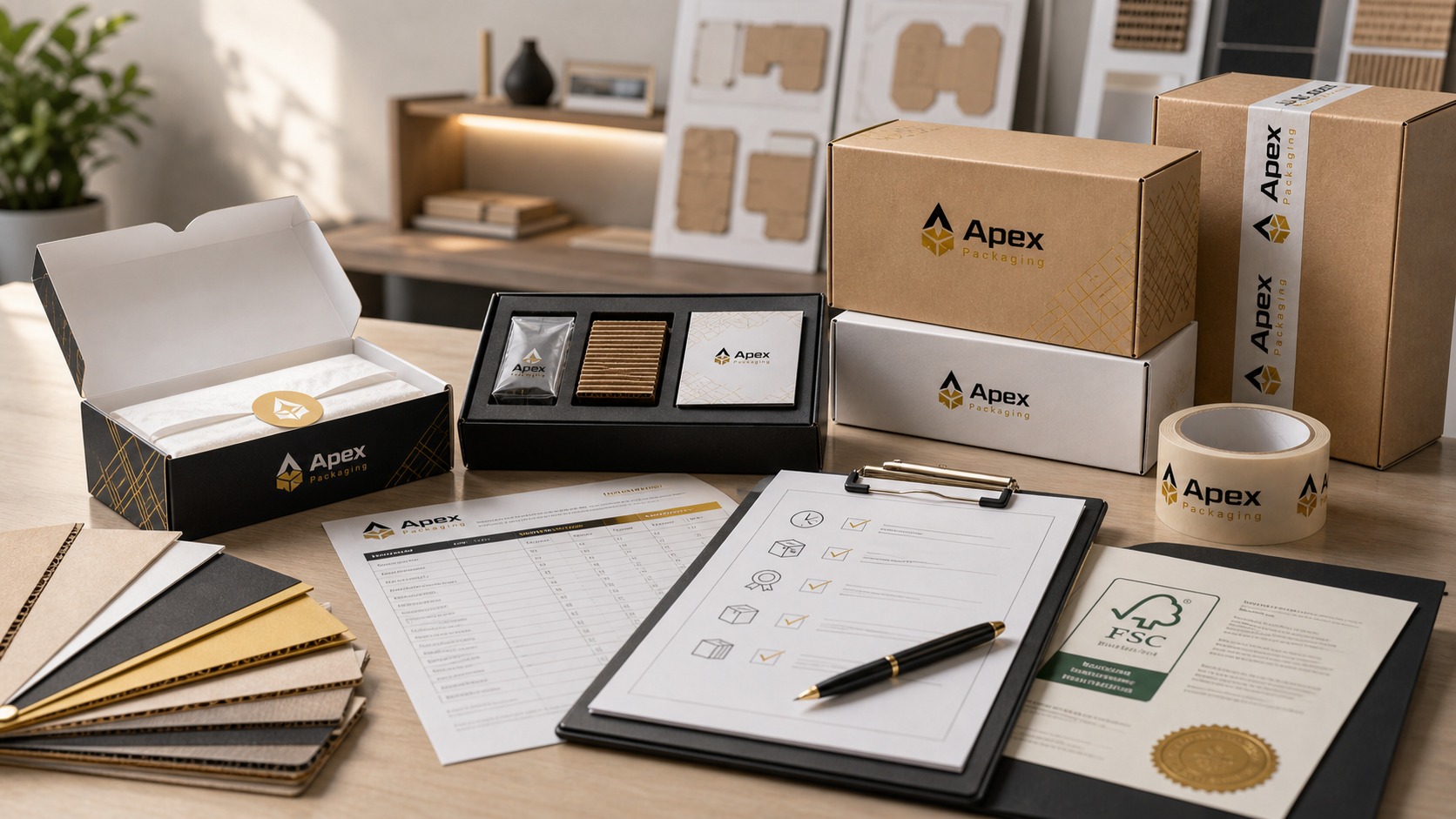 Premium Apex Packaging supplier evaluation scene with branded cartons, sample mailer, checklist clipboard, material swatches, and certification paperwork.