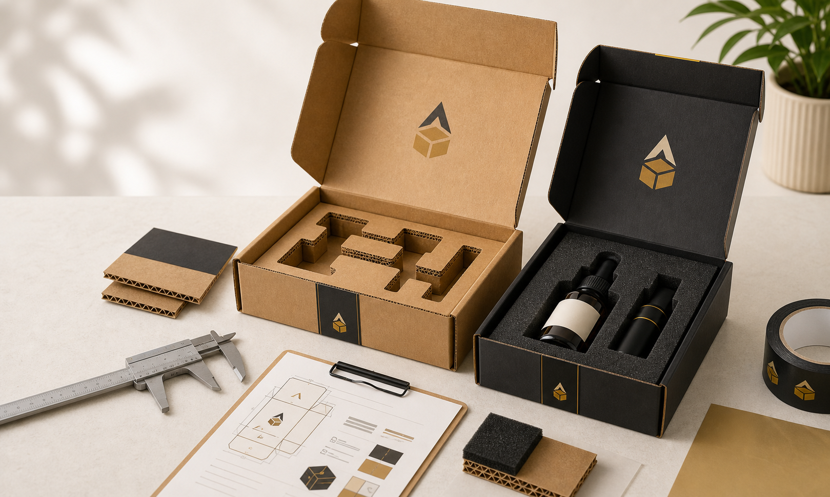 Premium Apex Packaging corrugated insert and foam insert comparison with branded box, material samples, and quote tools.