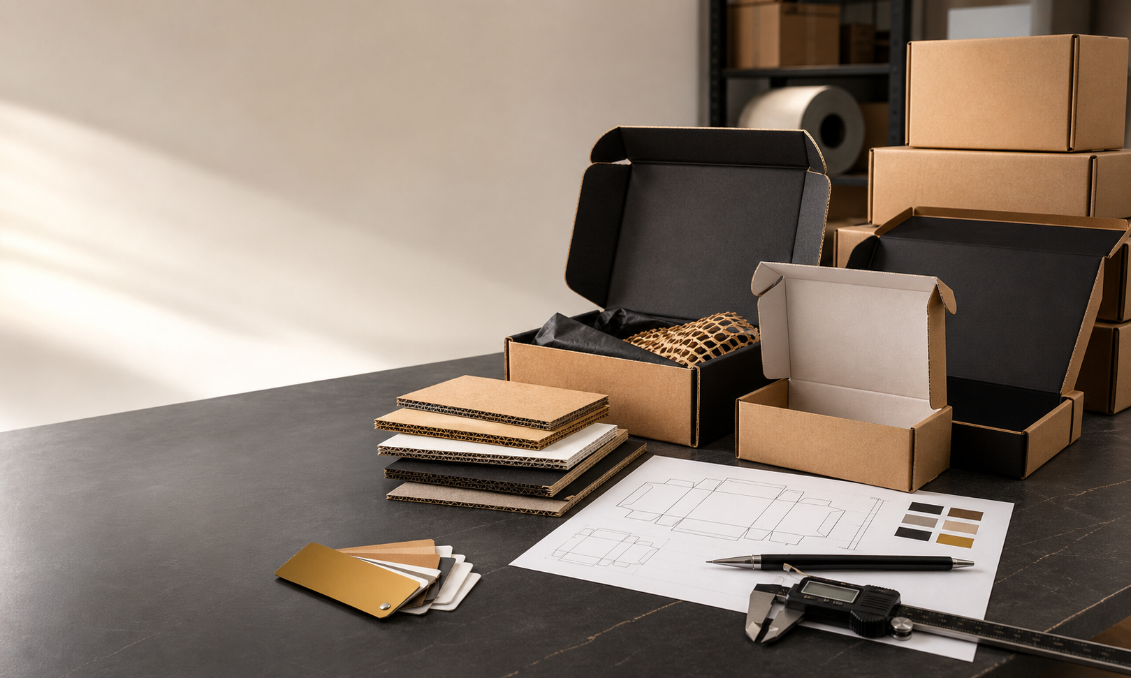 Generated image of custom corrugated boxes, board samples, and packaging specification tools.