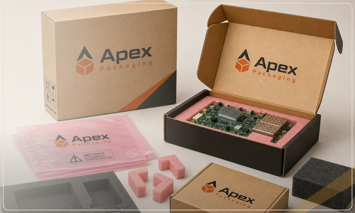 Apex Packaging branded electronics mailers and corrugated boxes with custom foam inserts for protective packaging.