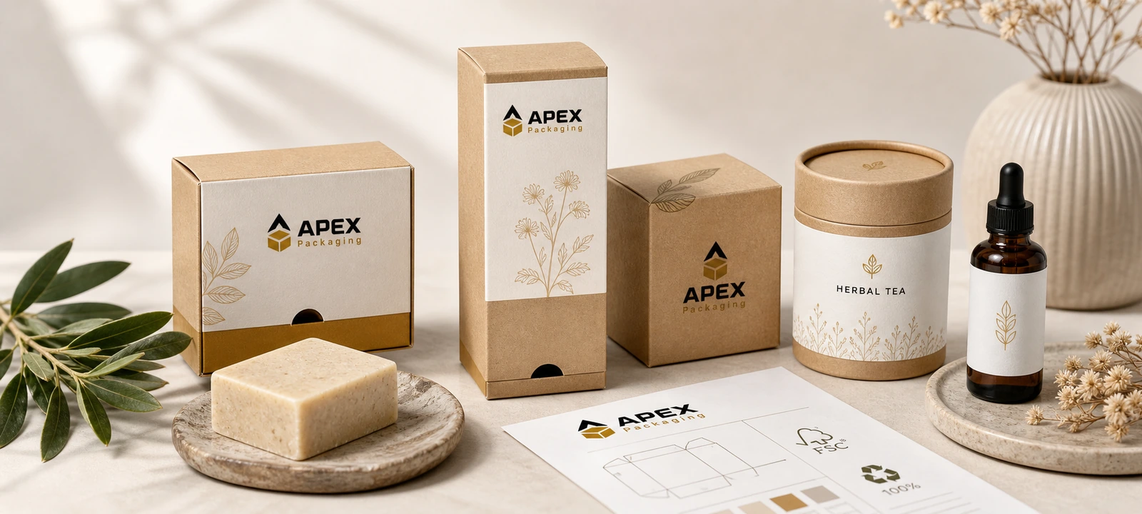 Soap Boxes for Handmade and Retail Brands premium Apex Packaging banner image with product mockups, cartons, and RFQ planning details.