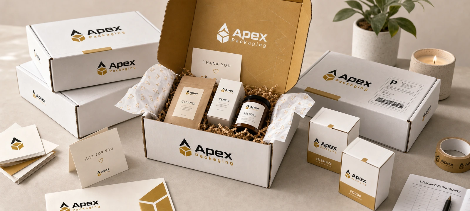 Packaging Design Services Before Production premium Apex Packaging banner image with product mockups, cartons, and RFQ planning details.