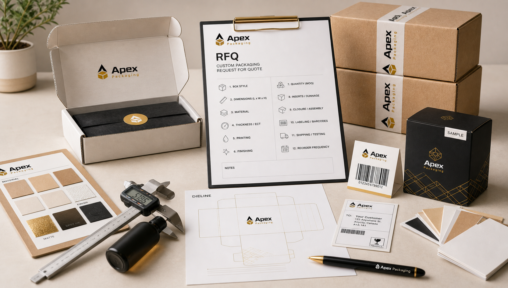 Apex Packaging custom packaging RFQ template with branded worksheet, dieline proof, material swatches, calipers, barcode proof, and sample boxes.