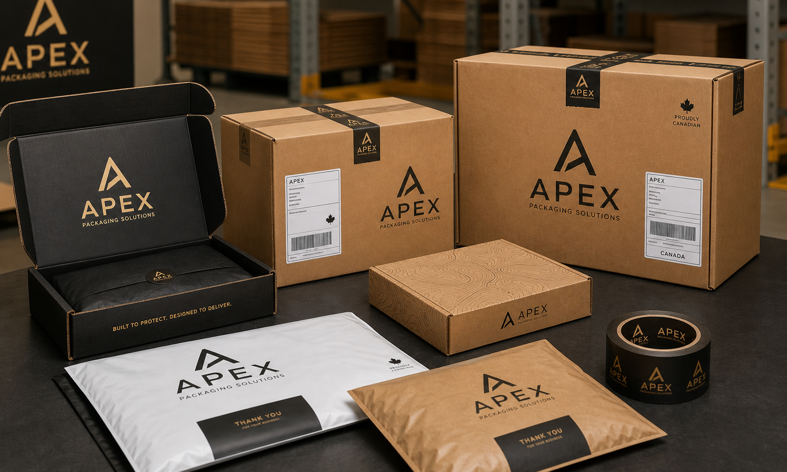 Apex Packaging branded ecommerce packaging with black custom mailer boxes, kraft RSC corrugated shippers, and branded poly mailers on a warehouse packing table.