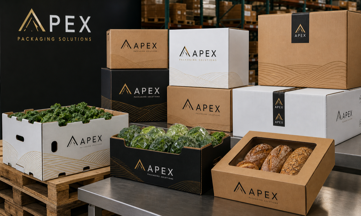 Apex Packaging branded food packaging setup with corrugated produce cases, bakery cartons, and bulk food shipping boxes in a warehouse setting.