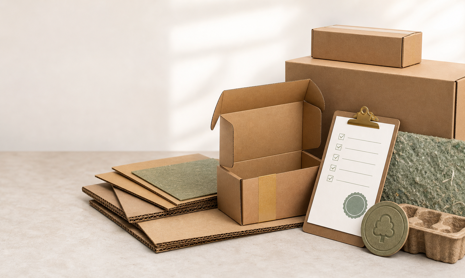 Generated image of FSC-style corrugated packaging, recycled board, and verification paperwork.