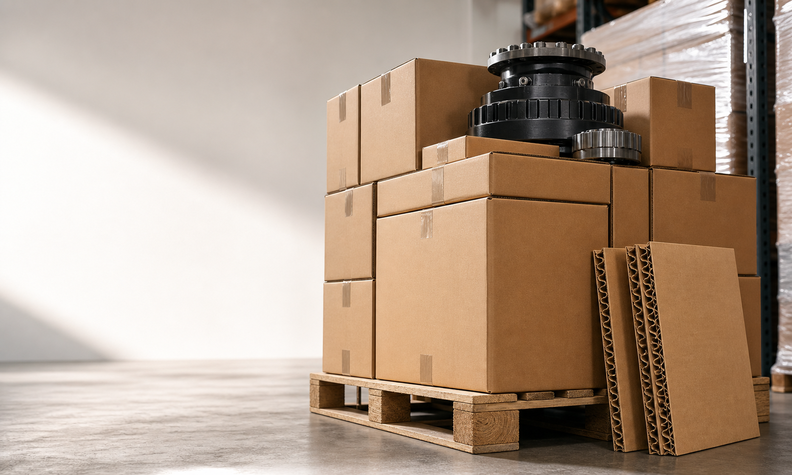 Technical decision diagram for heavy-product shipping boxes showing packed weight, compression risk, flute selection, and pallet stacking checkpoints.