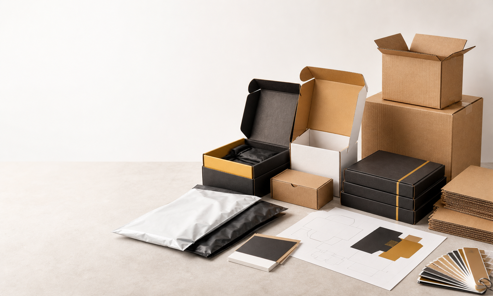 Technical diagram showing the four checkpoints for low-MOQ custom packaging: choose the right run type, keep the structure standard, send a complete specification, and lock the reorder notes.