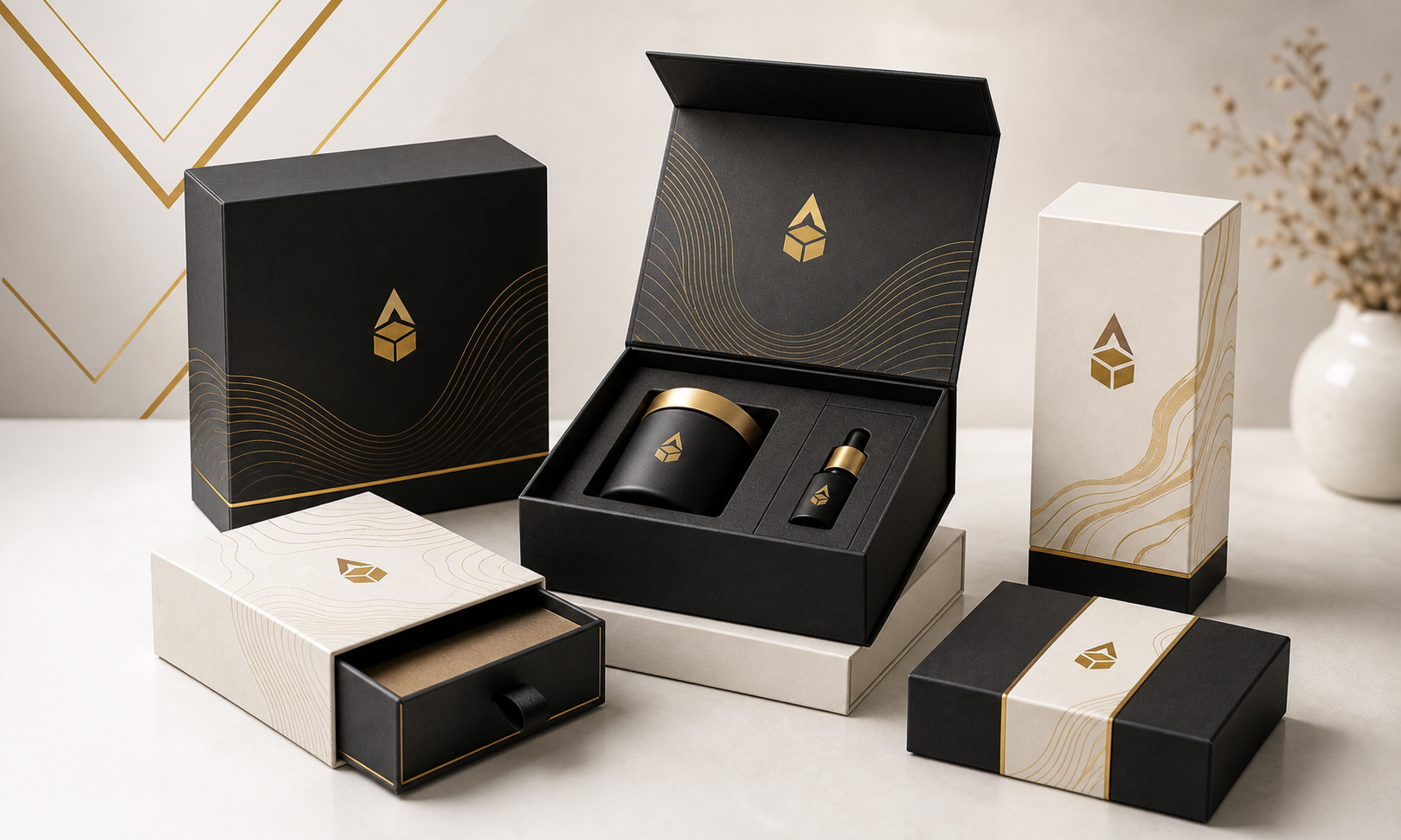 Premium Apex Packaging rigid box mockups with magnetic closure, drawer style packaging, custom inserts, and gold branded accents.