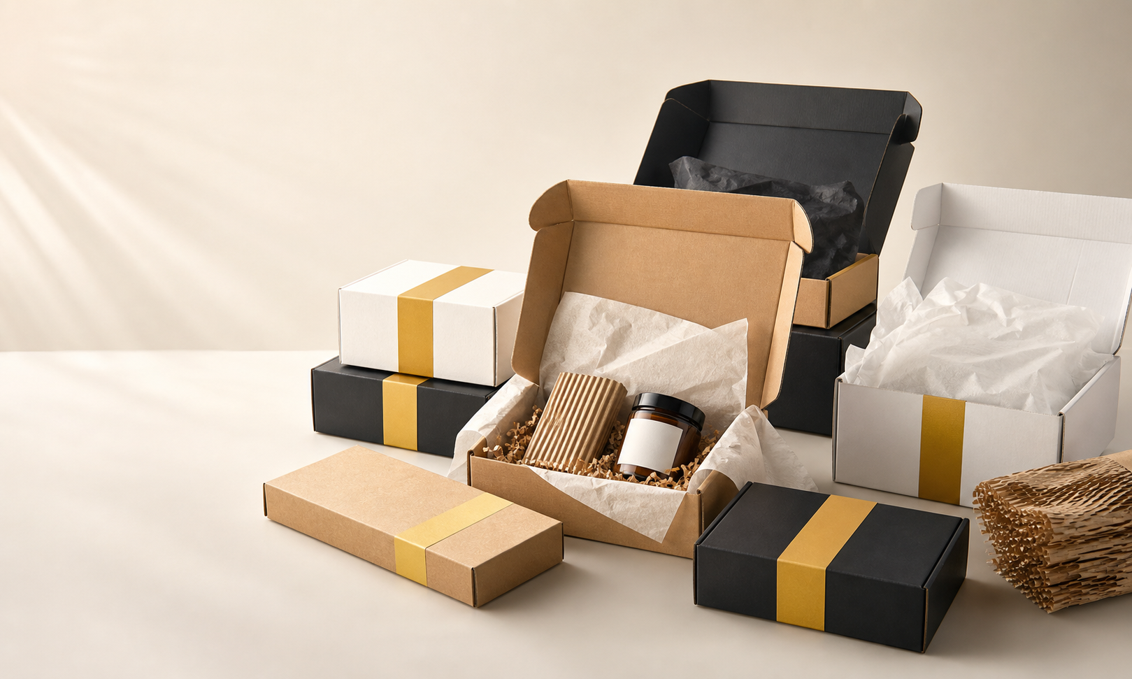 Technical decision diagram for custom ecommerce mailer boxes covering structure, print, insert, and MOQ choices.
