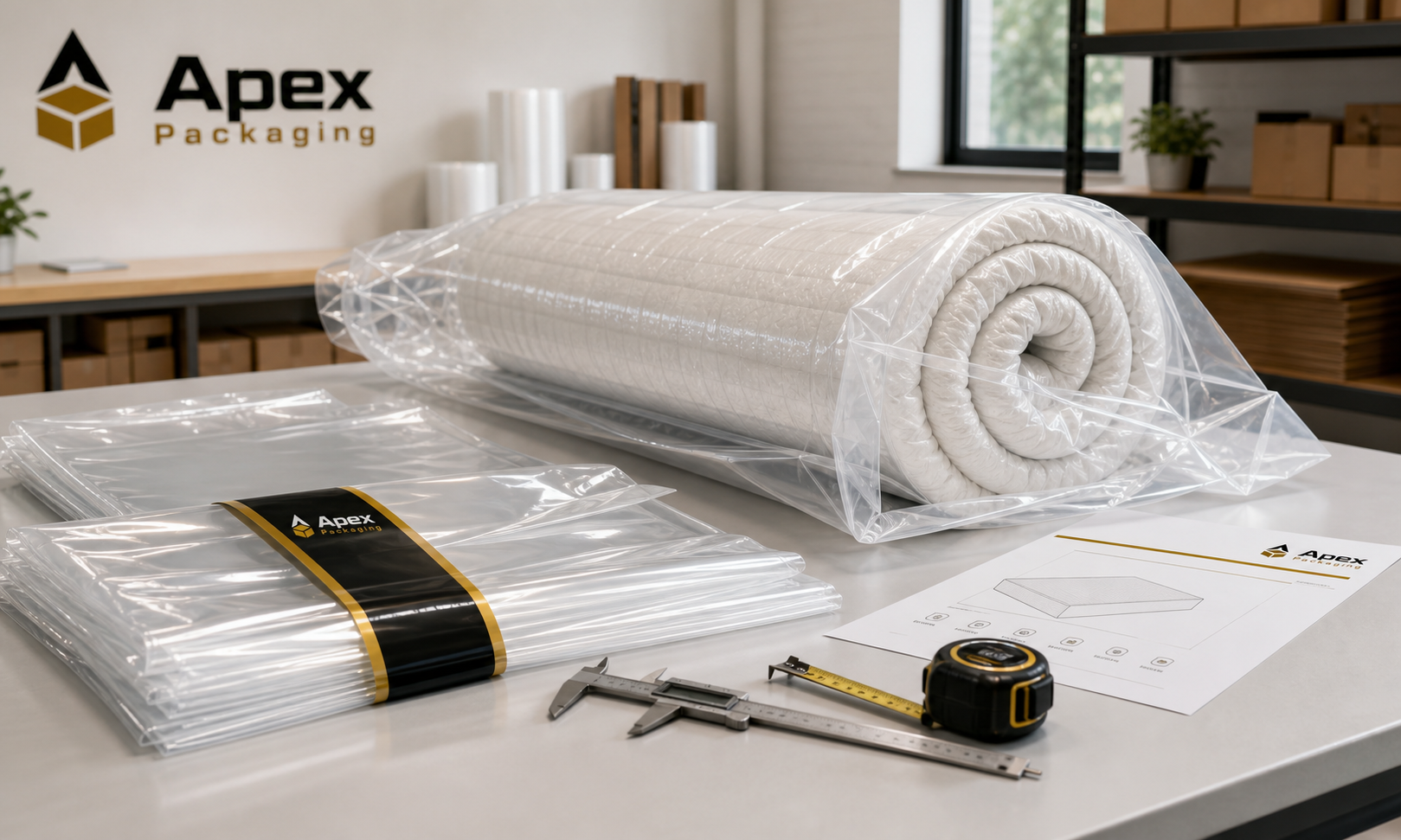 Apex Packaging mattress bag and large gusseted polybags with measuring tools, spec sheets, and branded packaging labels.