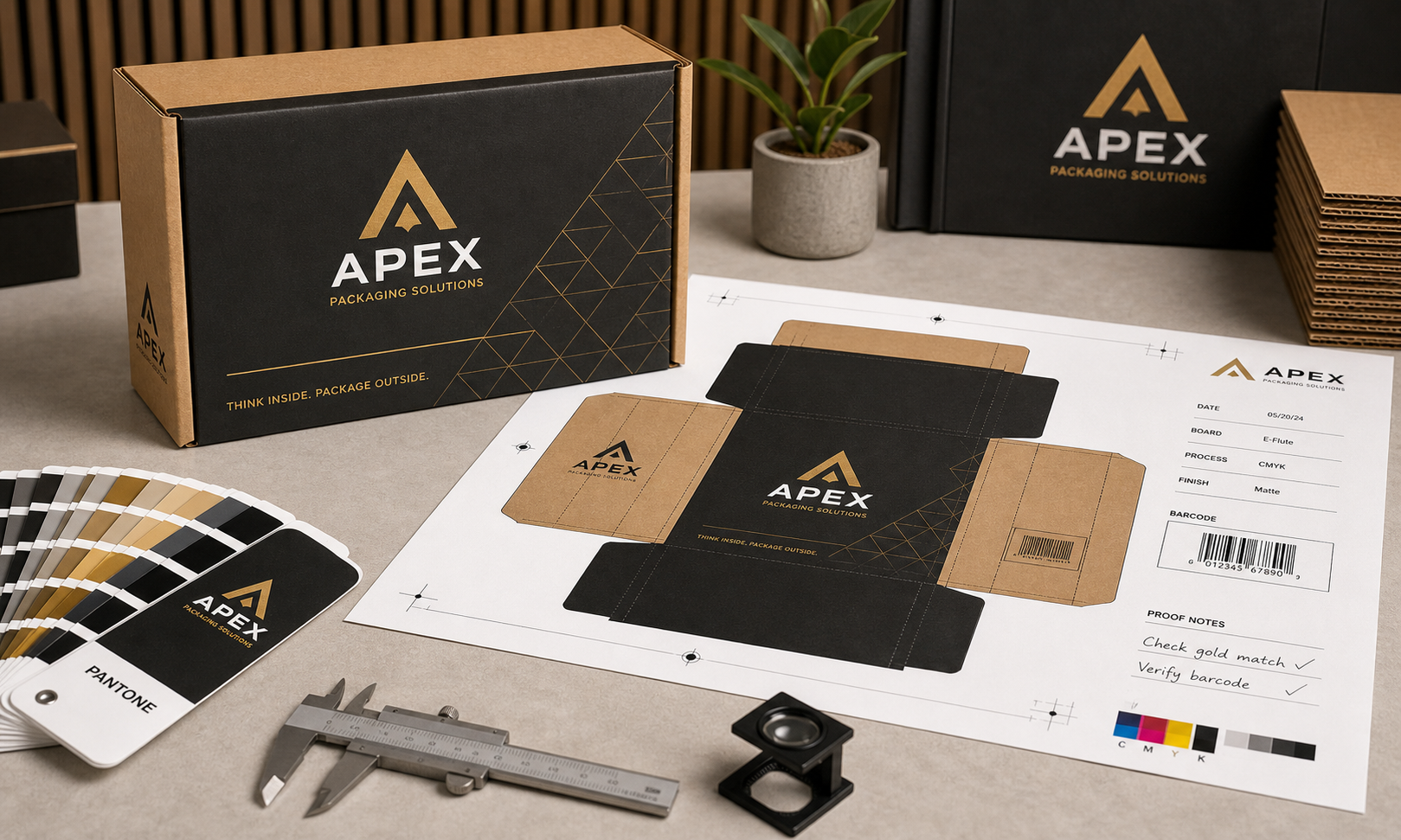 Apex Packaging branded mailer artwork proof beside a dieline sheet, Pantone swatches, caliper, loupe, and barcode review notes.