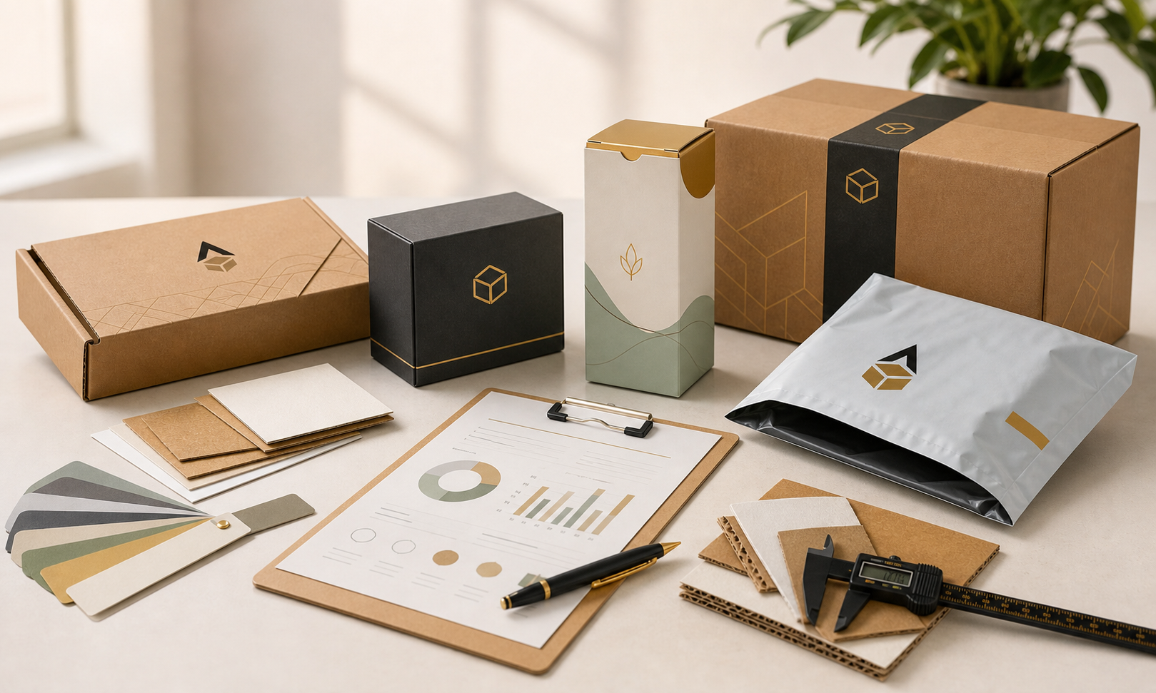 Premium Apex Packaging quote desk with custom boxes, material swatches, print finishes, and packaging cost worksheet.