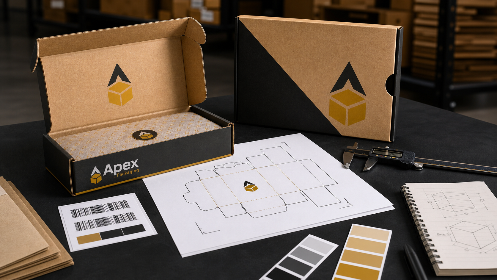 Apex Packaging branded mailer prototype with dieline sheets, calipers, barcode labels, and color swatches on a packaging design worktable.