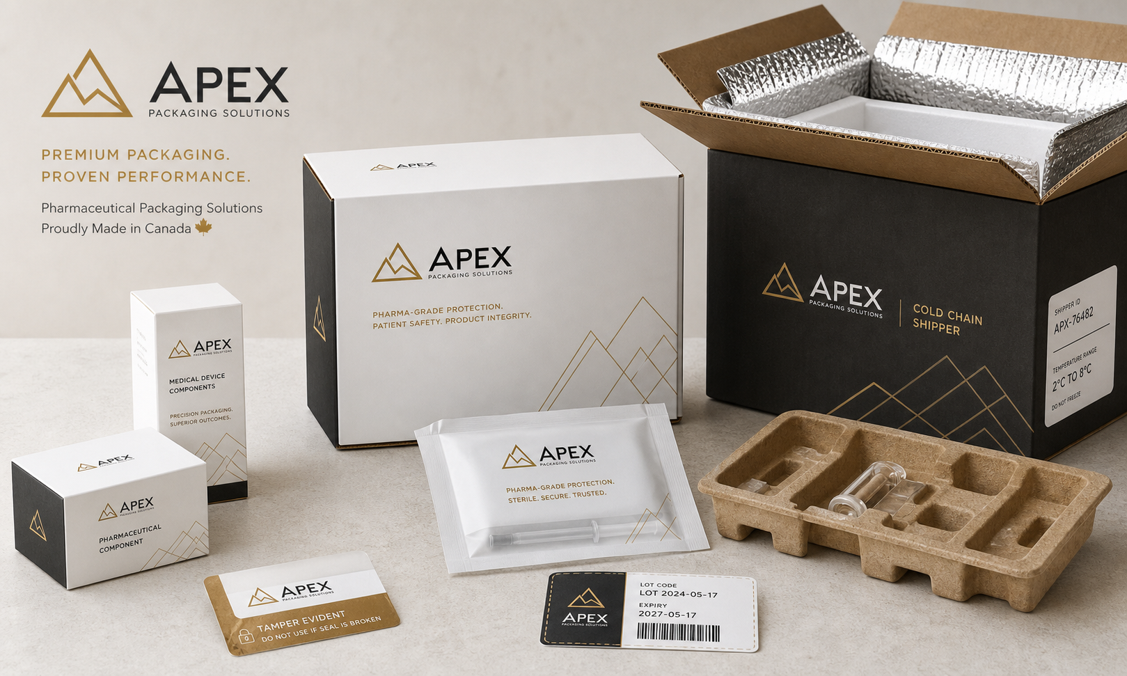 Apex Packaging branded pharmaceutical packaging with medical-device cartons, sterile pouch, tamper-evident labels, and protective corrugated shipper.