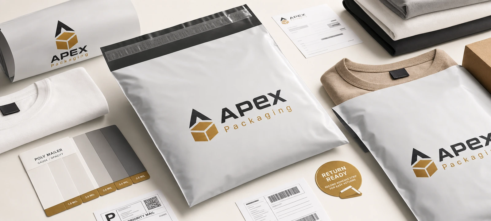 Apparel Packaging for Ecommerce and Retail premium Apex Packaging banner image with product mockups, cartons, and RFQ planning details.