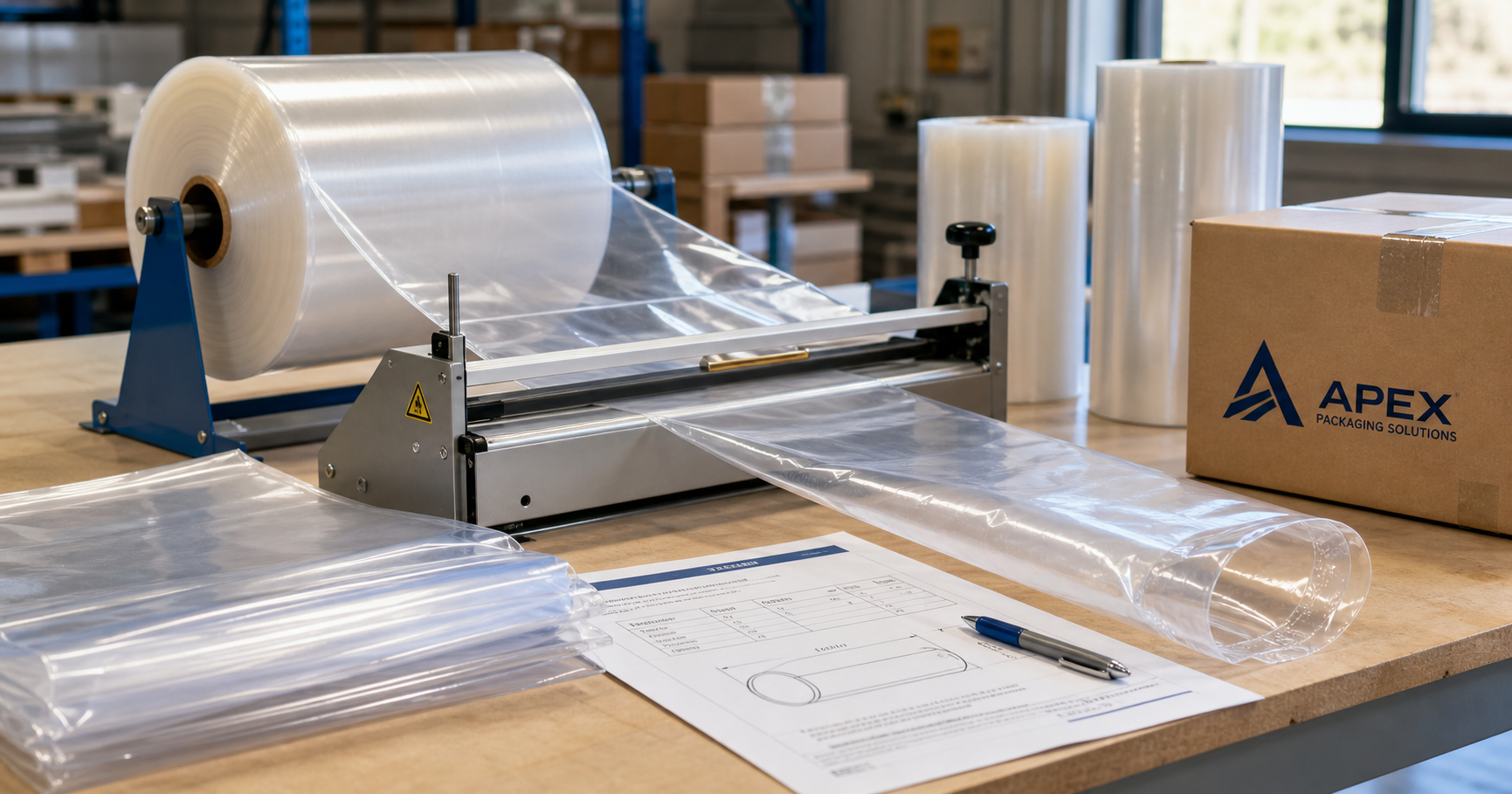 Apex Packaging poly tubing and poly sheeting setup with clear roll stock, cutter sealer, specification sheet, and branded shipping carton.