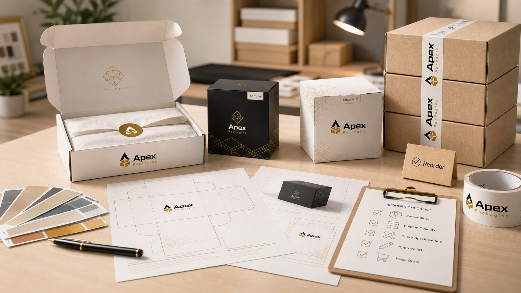Apex Packaging product launch packaging scene with small-run mailer boxes, sample cartons, dieline proofs, colour swatches, and reorder planning sheets.