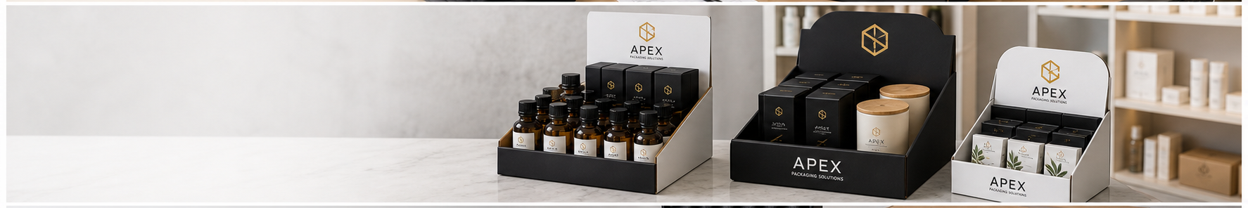 Premium Apex Packaging retail display packaging mockup with counter trays, shelf display boxes, product cartons, and merchandising setup.