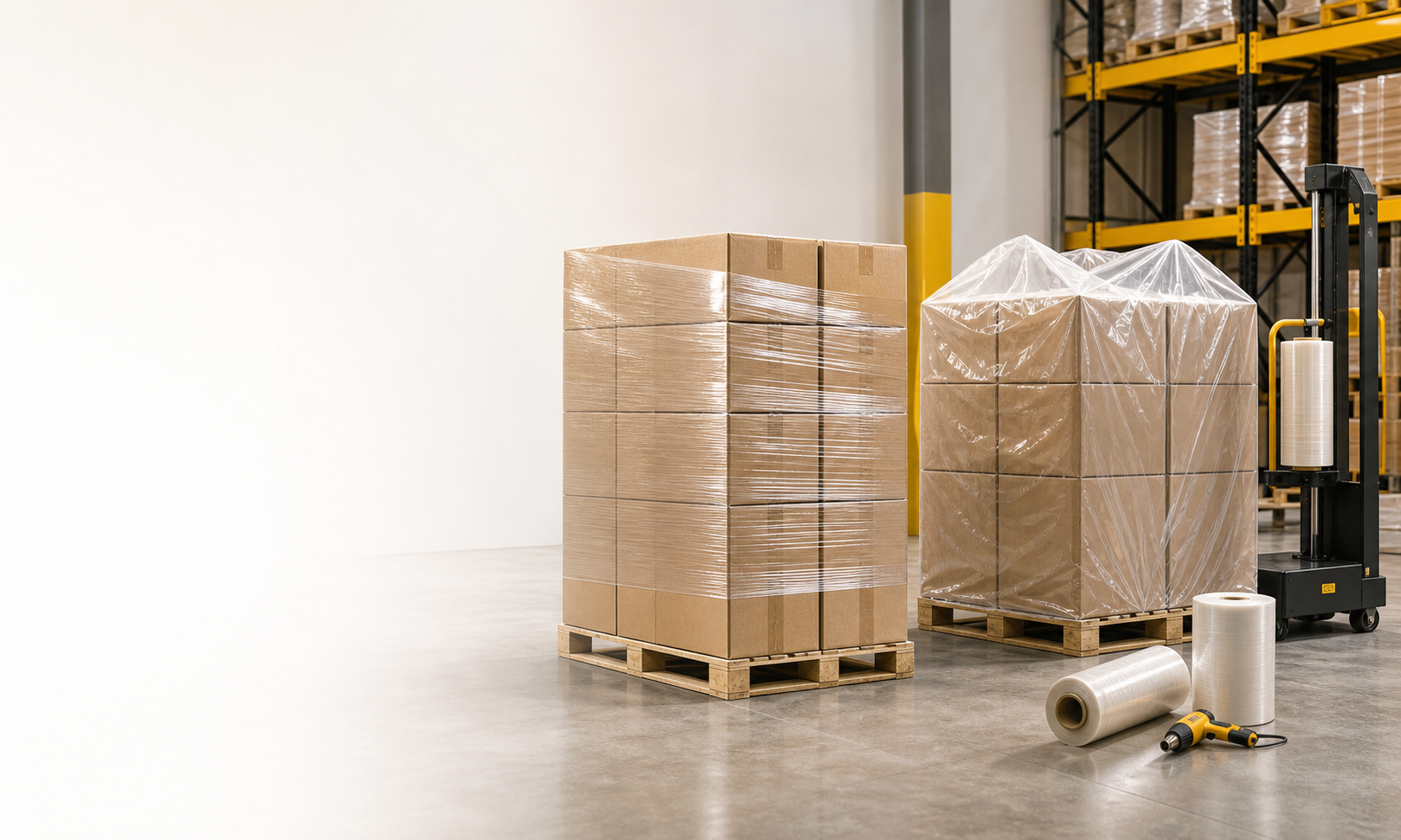 Generated image of palletized corrugated cartons protected with stretch film and shrink film.