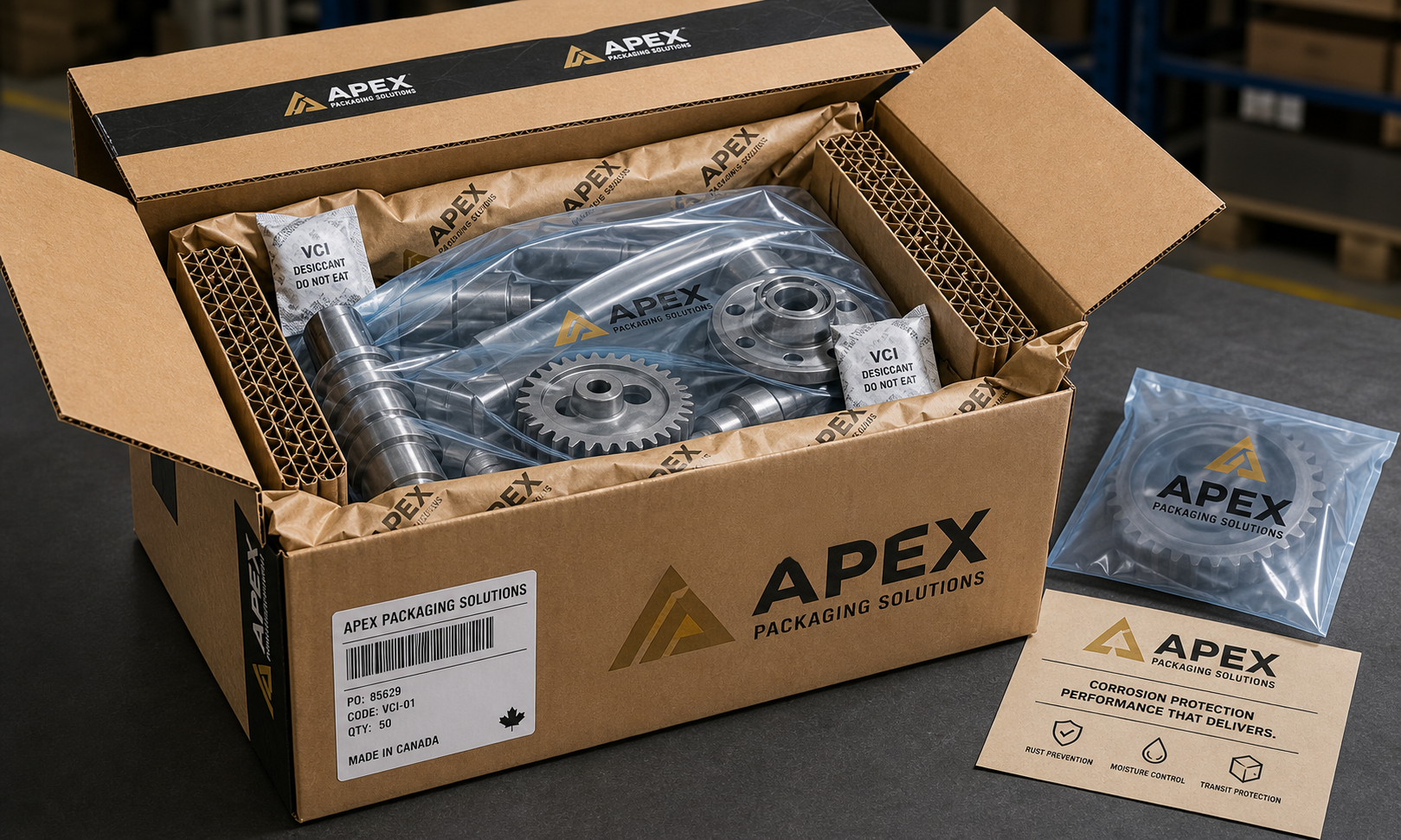 Apex Packaging branded corrugated shipping box with metal parts protected in VCI bags, kraft VCI paper, and desiccant packs.