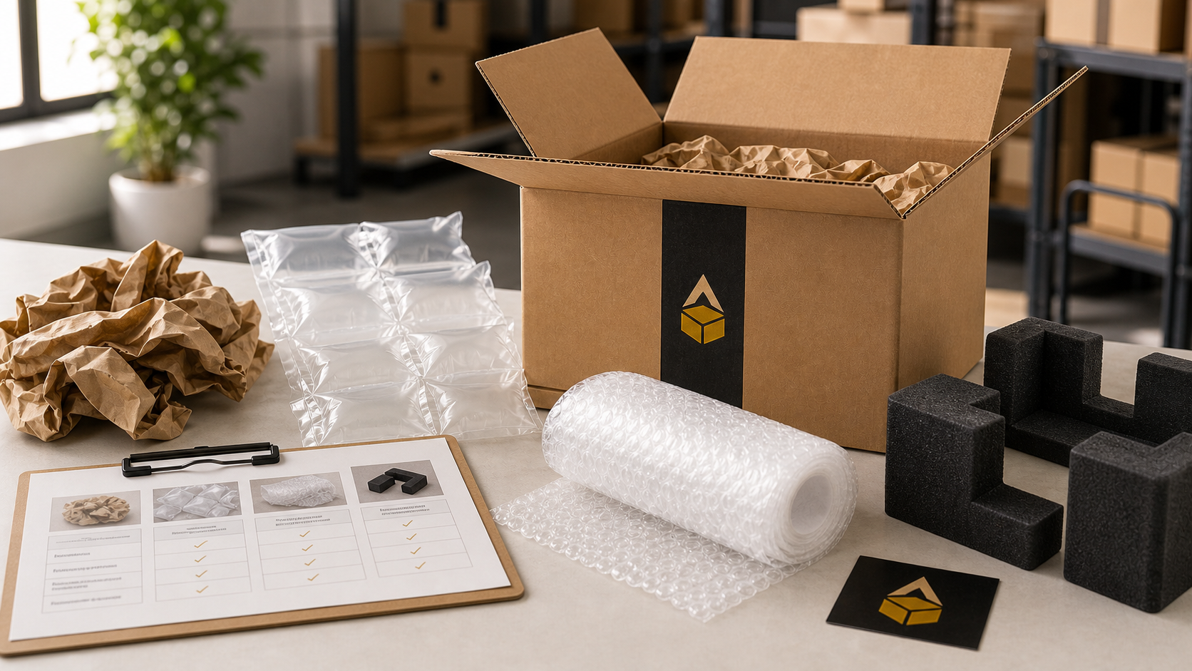 Apex Packaging branded void-fill comparison with paper dunnage, air pillows, bubble wrap, foam corners, and an open corrugated shipping carton.