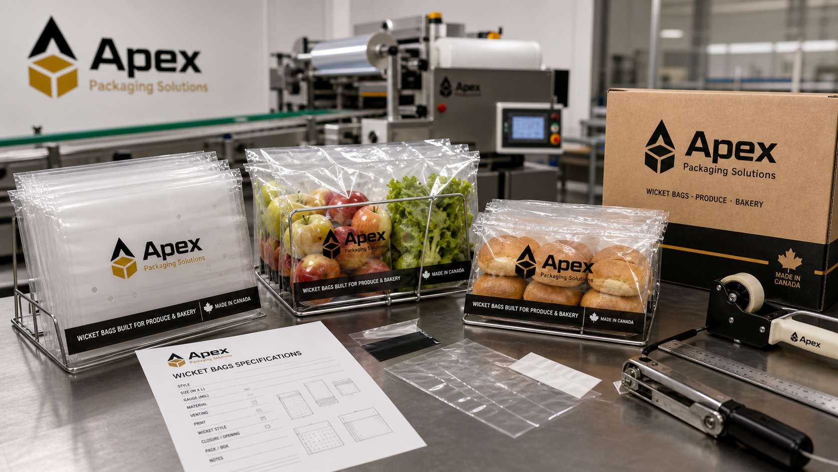 Apex Packaging wicket bags for produce and bakery packaging with vented food-safe bags, bakery rolls, fresh produce, spec sheet, and branded shipping carton.
