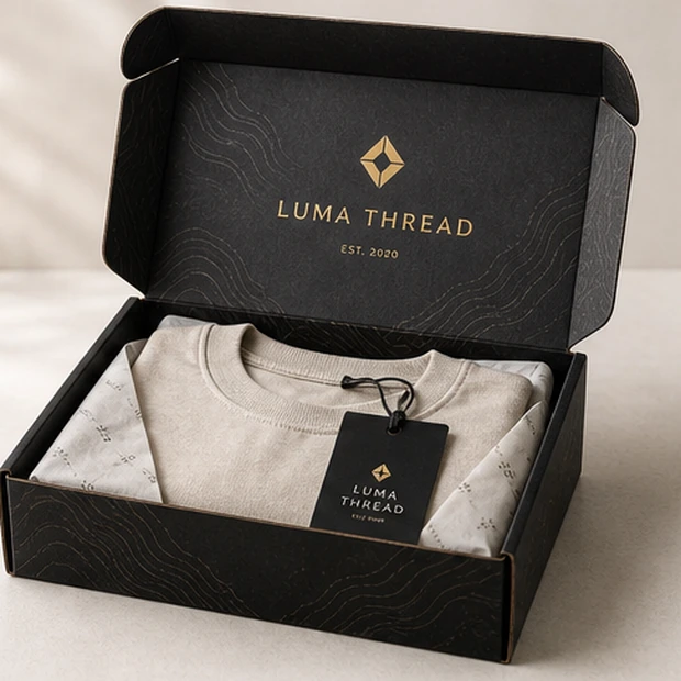 Apex Packaging branded apparel mailer boxes with tissue and garment tag
