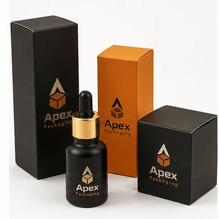 Apex Packaging branded cosmetic boxes and bottle packaging