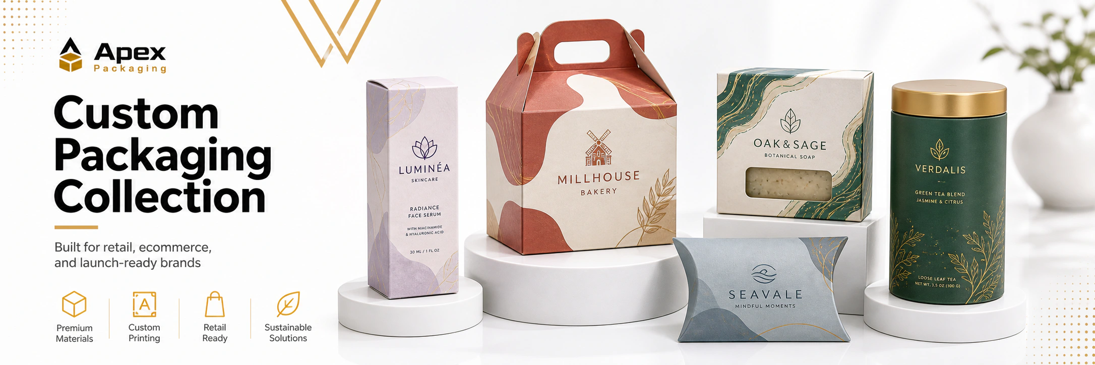 Retail packaging category mockups with cosmetic, bakery, tea, soap, and software box designs
