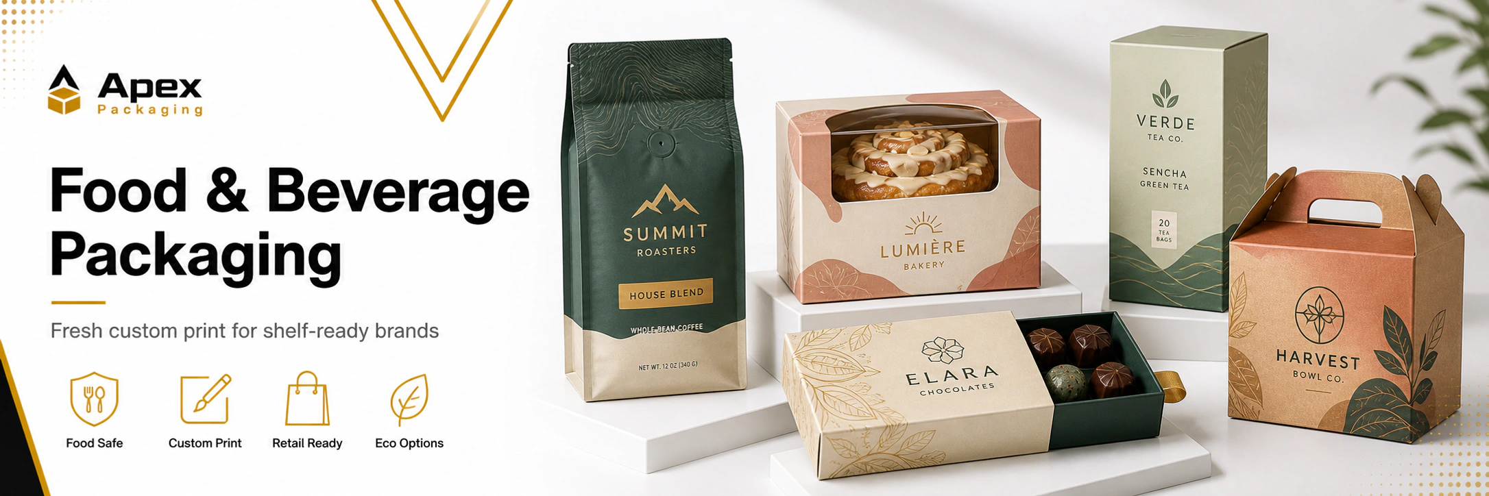 Food and beverage packaging category mockups with coffee, bakery, food, chocolate, and tea designs