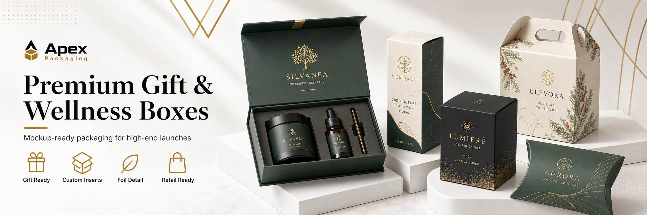 Premium gift and wellness packaging category mockups with CBD, candle, rigid, pillow, and Christmas box designs