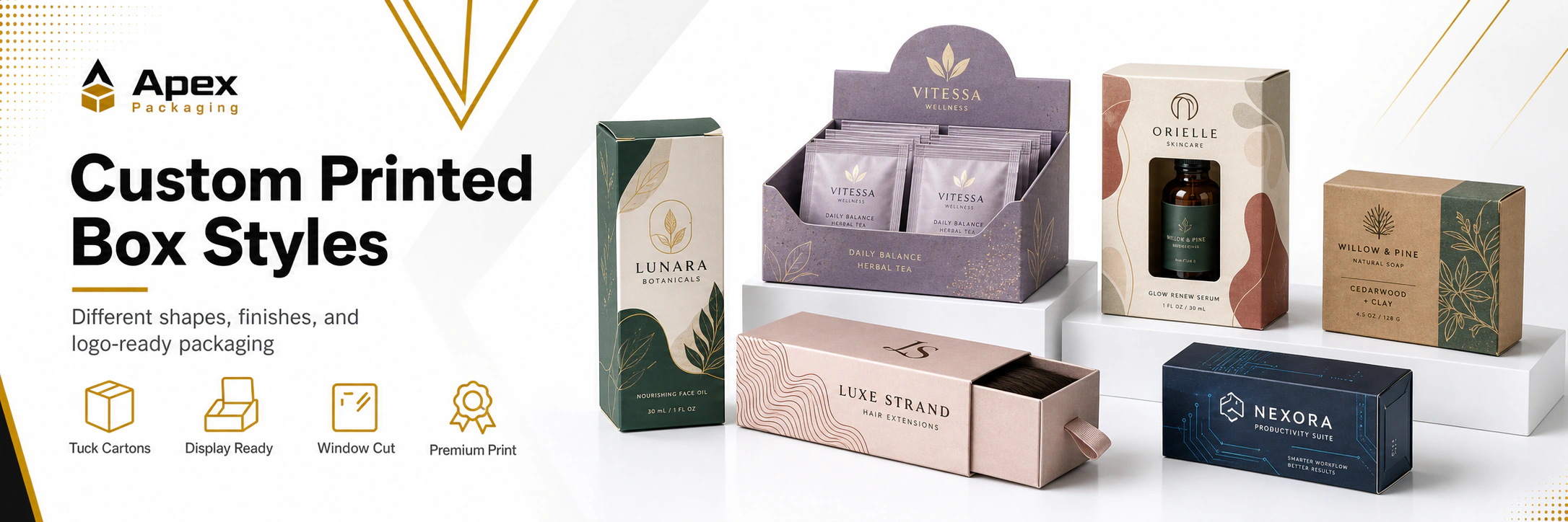 Custom printed box style mockups with tuck, kraft soap, display, window, and hair extension packaging designs