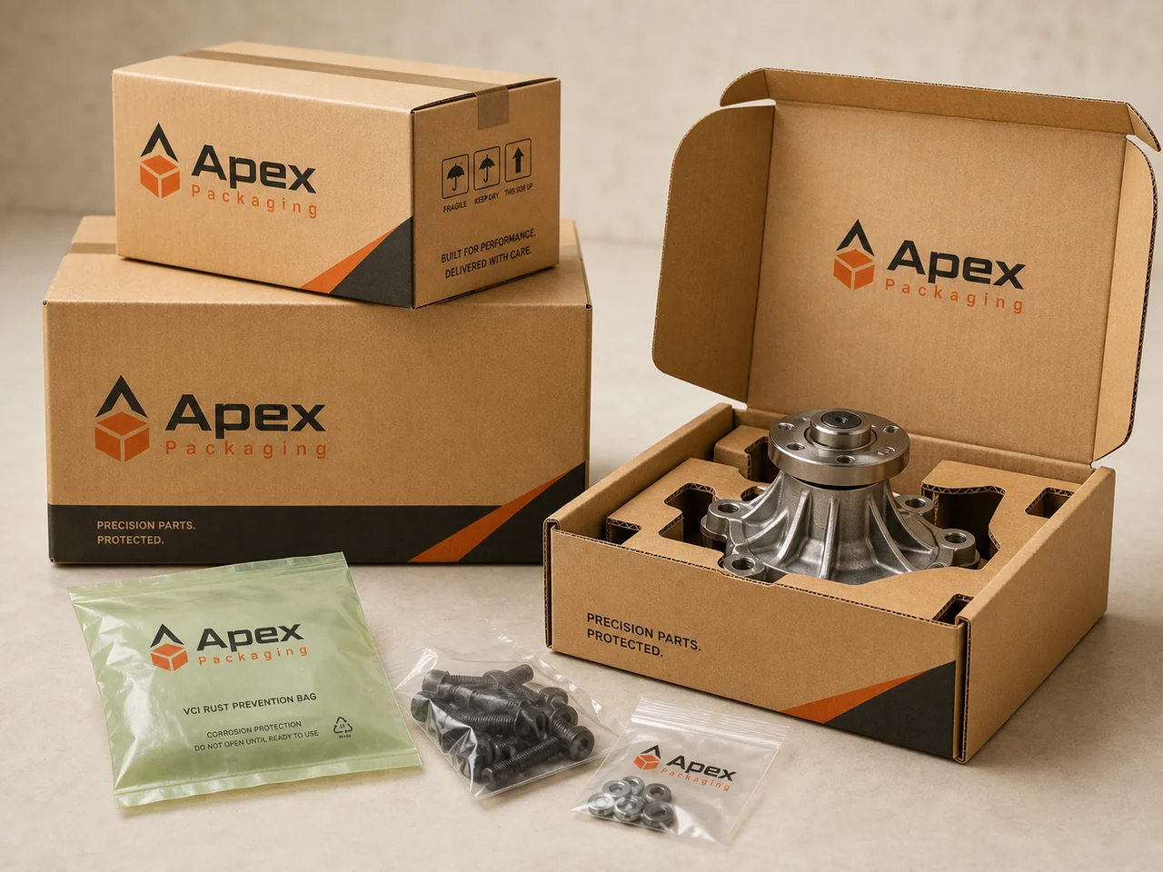 Apex Packaging branded corrugated packaging for automotive parts and VCI bags