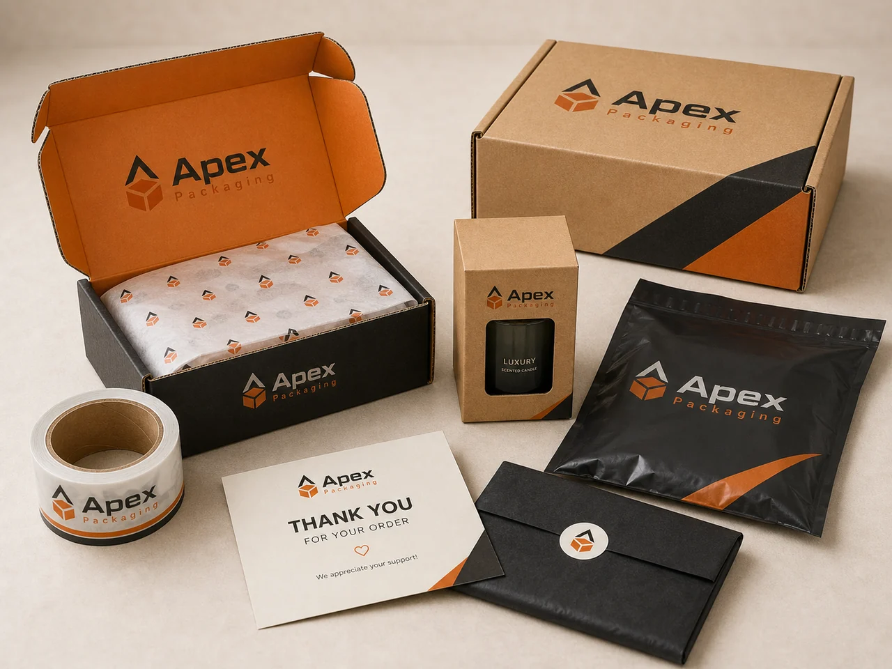 Apex Packaging branded mailer boxes, polymailer, tape, tissue paper, and insert card
