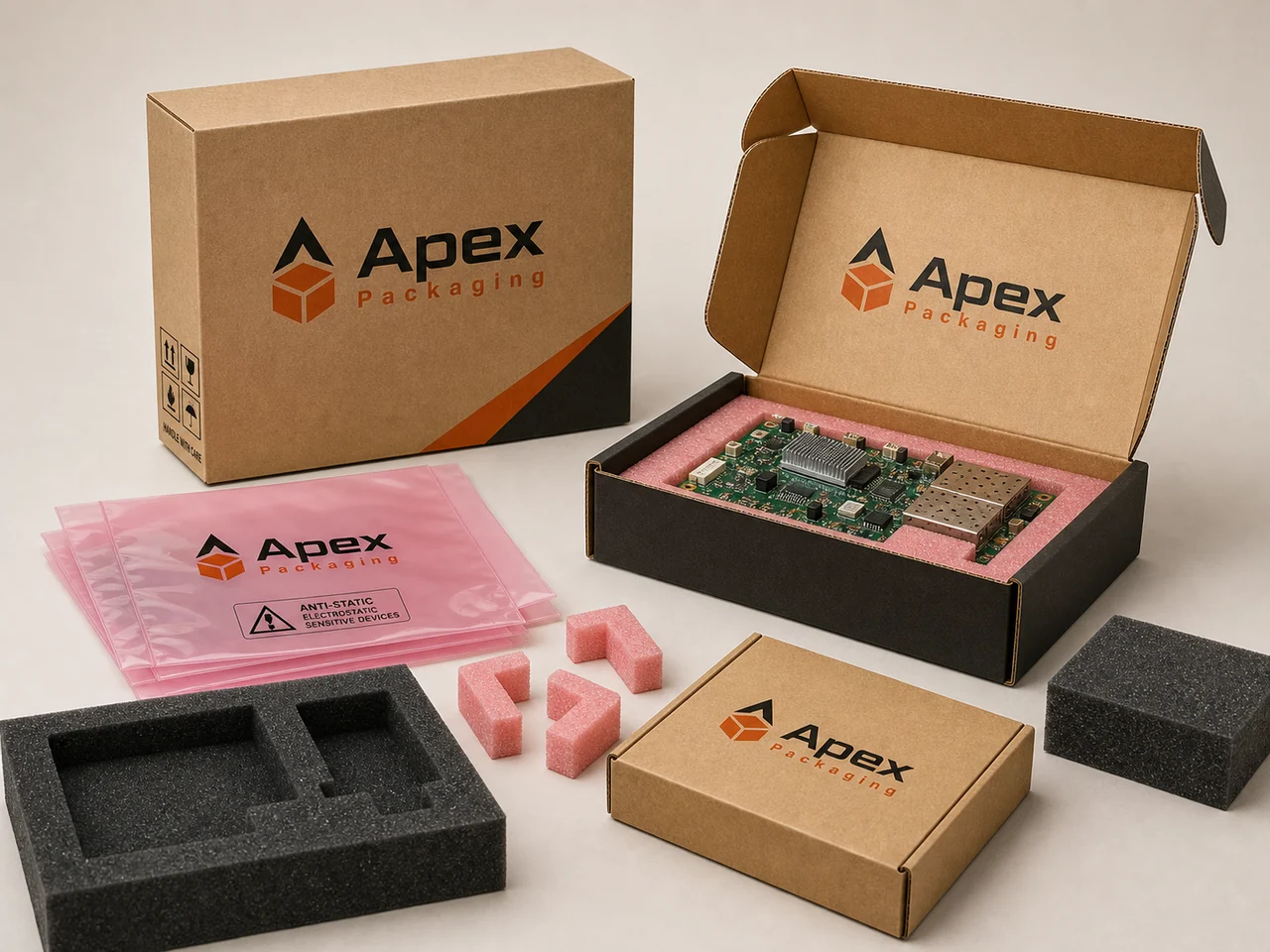 Apex Packaging branded electronics packaging with anti-static bags and foam inserts