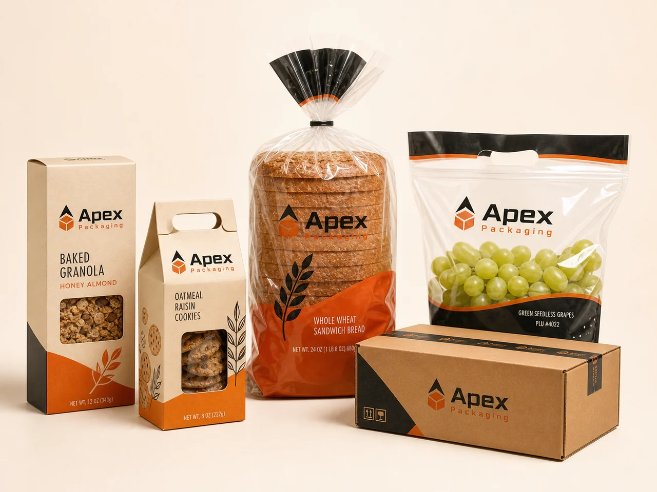 Apex Packaging branded food cartons, bread bags, produce bags, and corrugated shipper