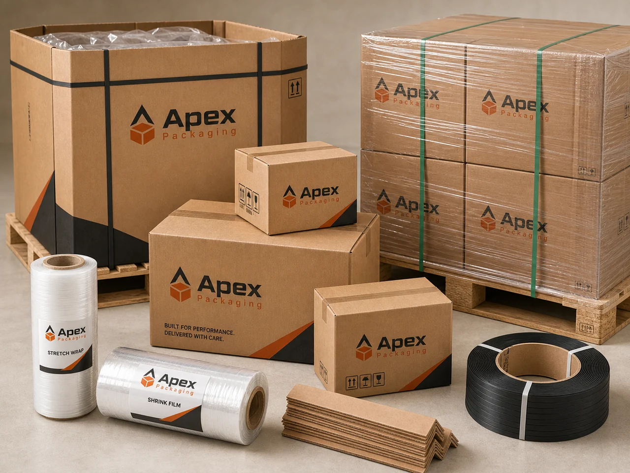 Apex Packaging branded bulk cartons, pallet wrap, strapping, and edge protectors