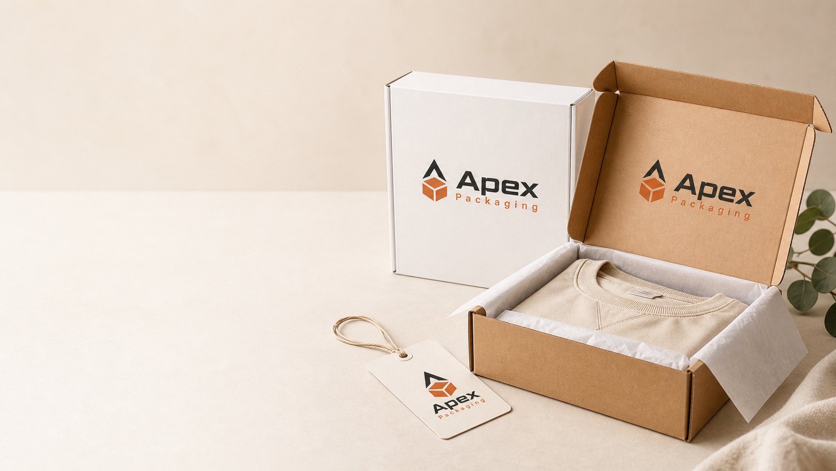 Apex Packaging branded apparel mailer boxes with tissue and garment tag