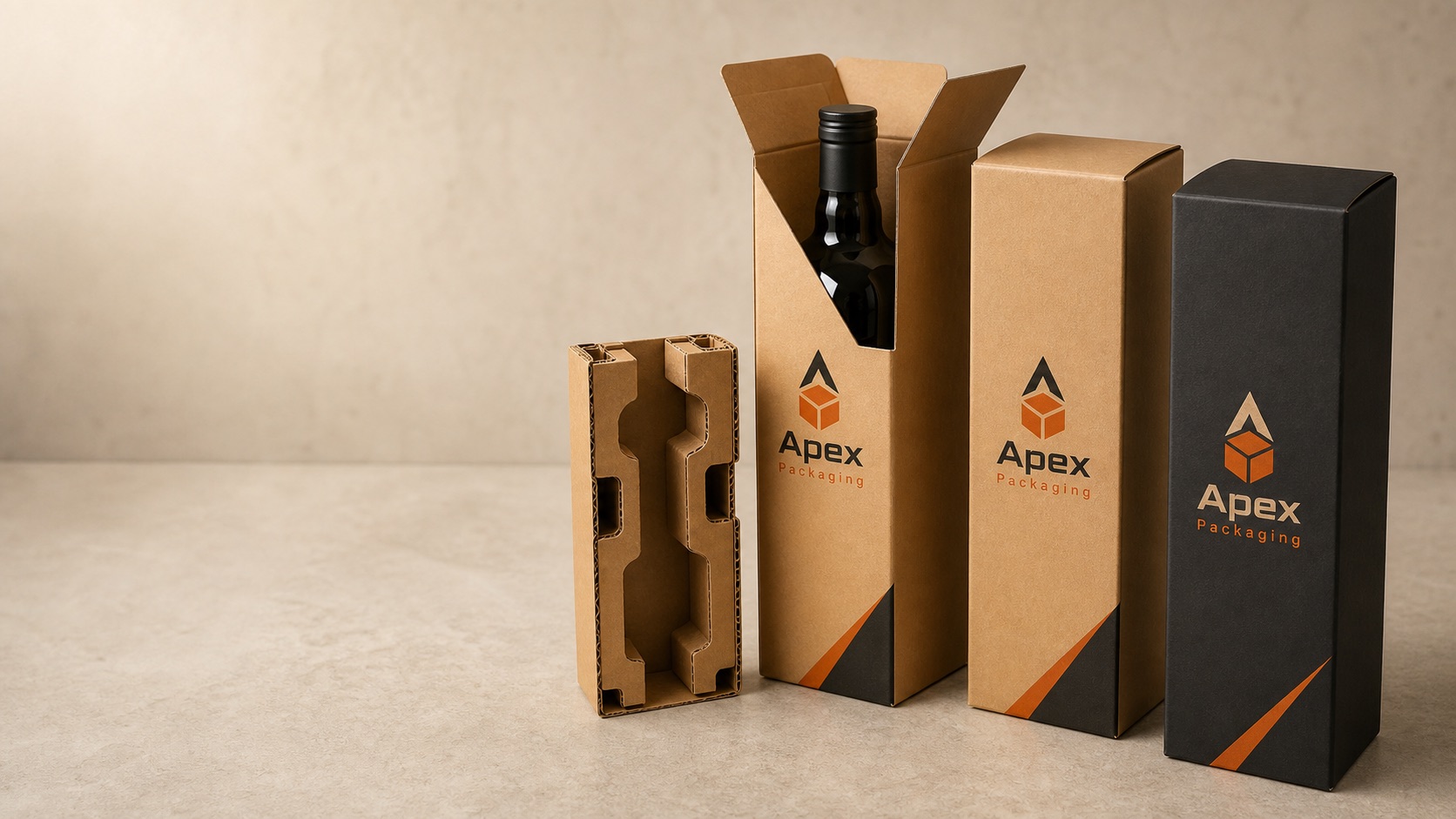 Apex Packaging branded bottle cartons with protective corrugated inserts