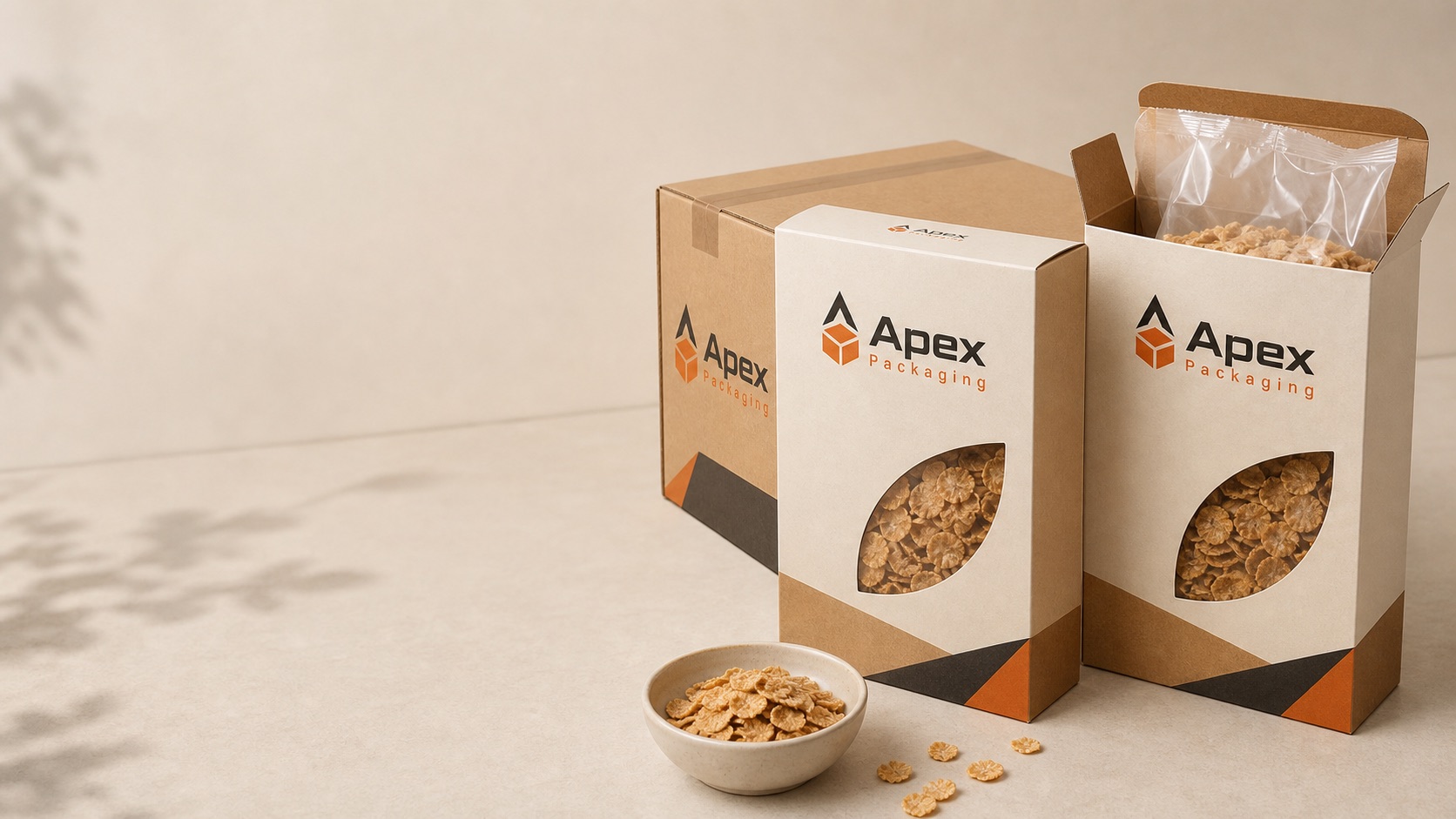 Apex Packaging branded cereal cartons with inner liner bag and shipper