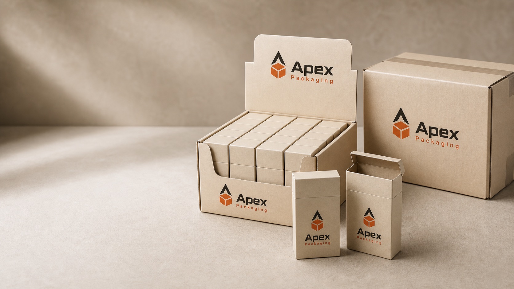 Apex Packaging branded small retail cartons and display tray for cigarette-style packaging