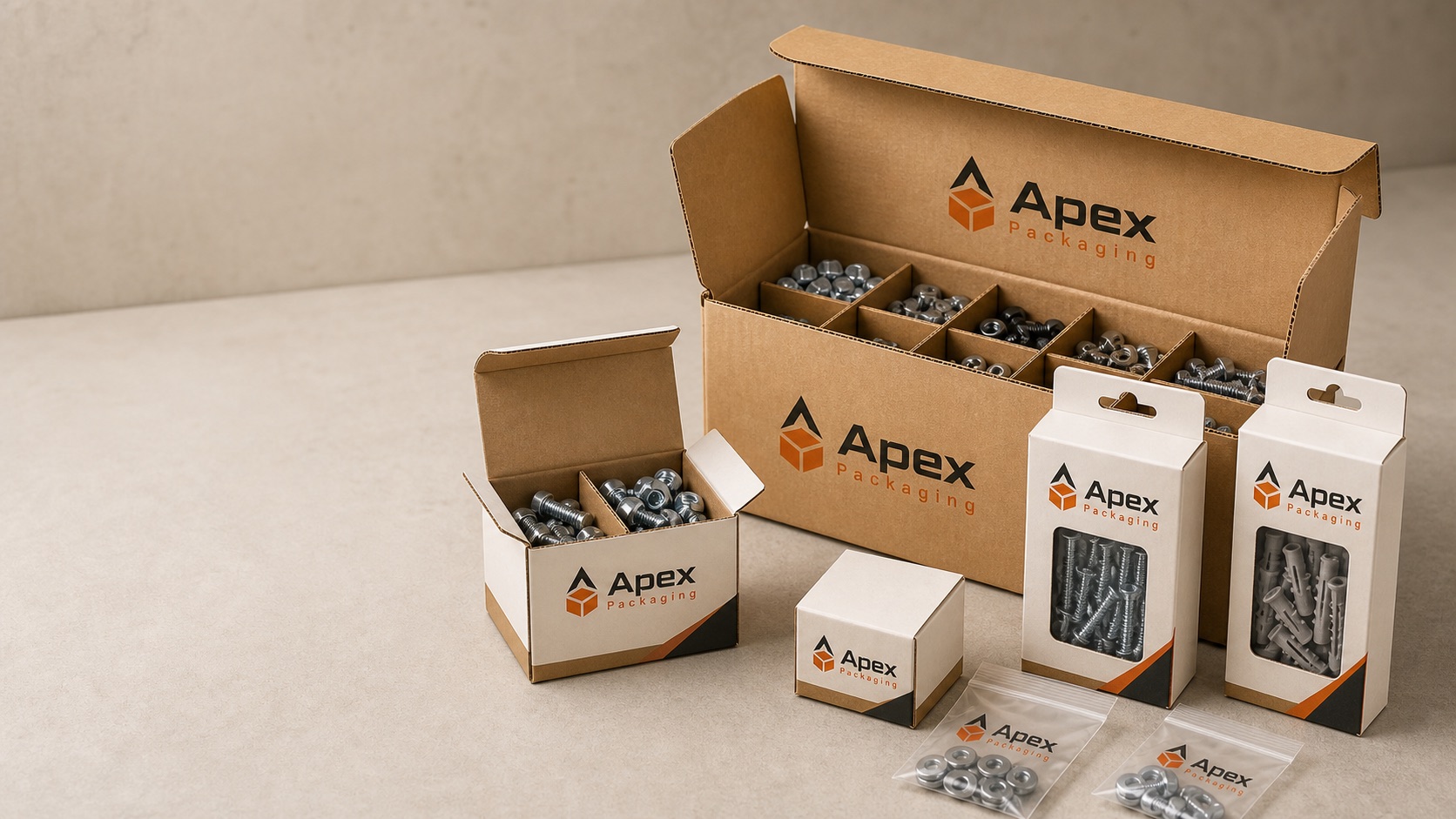 Apex Packaging branded hardware cartons with fasteners and corrugated dividers