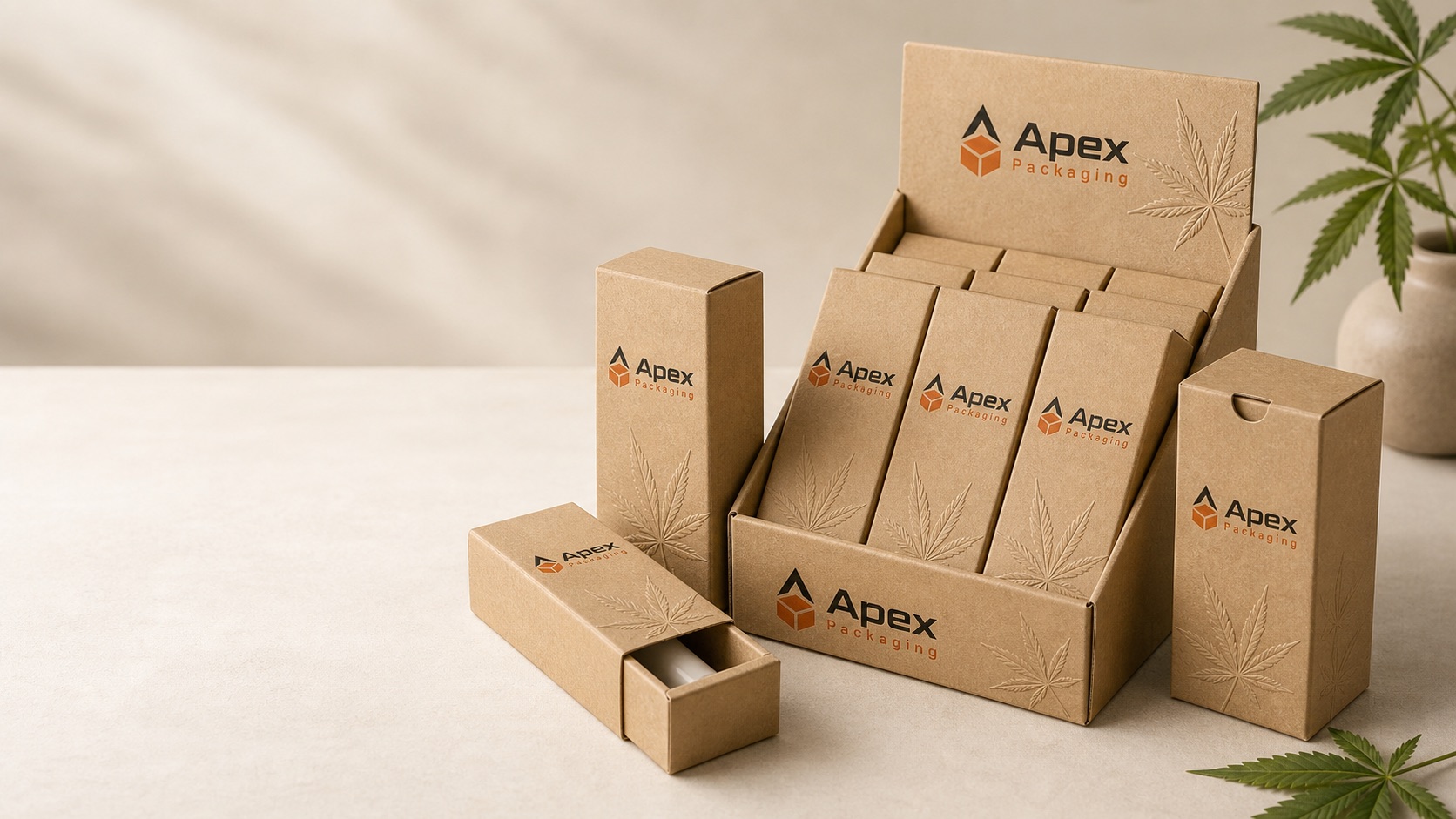Apex Packaging branded hemp product cartons and display tray