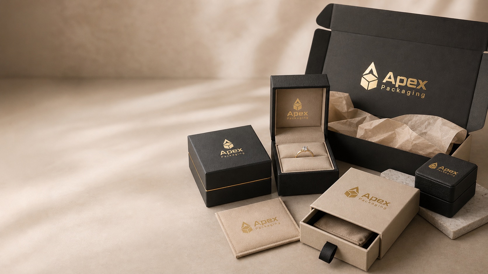 Apex Packaging branded jewelry rigid boxes and drawer packaging