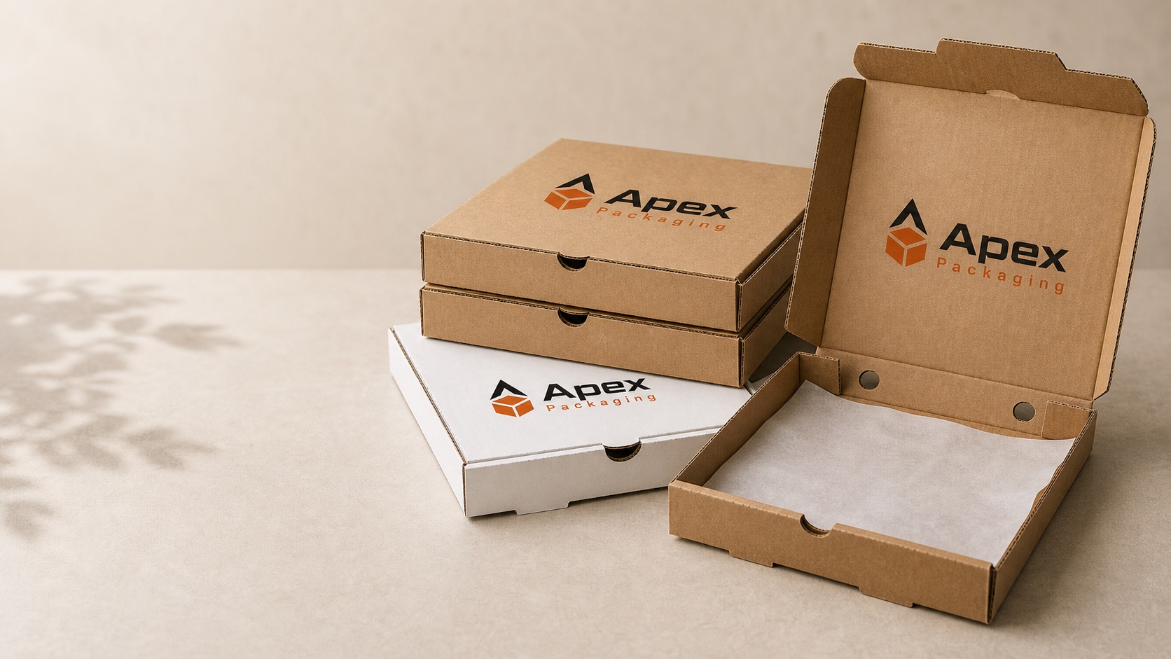 Apex Packaging branded corrugated pizza boxes