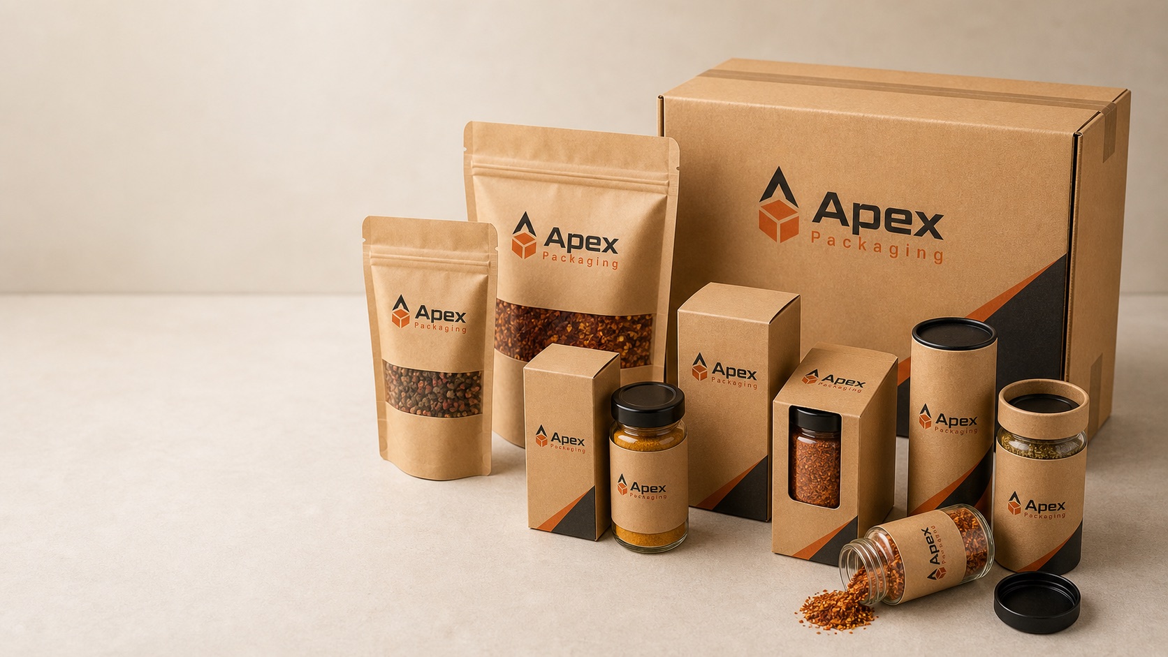 Apex Packaging branded spice cartons, pouches, and shippers